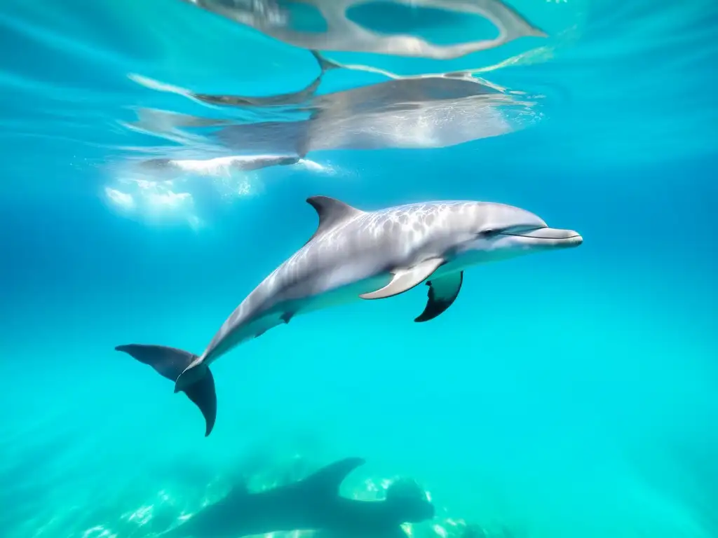 Pod de delfines nadando grácilmente en aguas turquesa rodeados de arrecifes de coral vibrantes, transmitiendo armonía y belleza natural