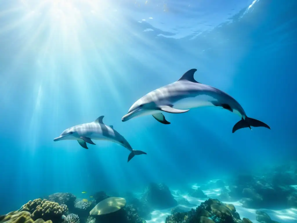 Delfines nadando sin impacto en un arrecife de coral, bajo el agua cristalina