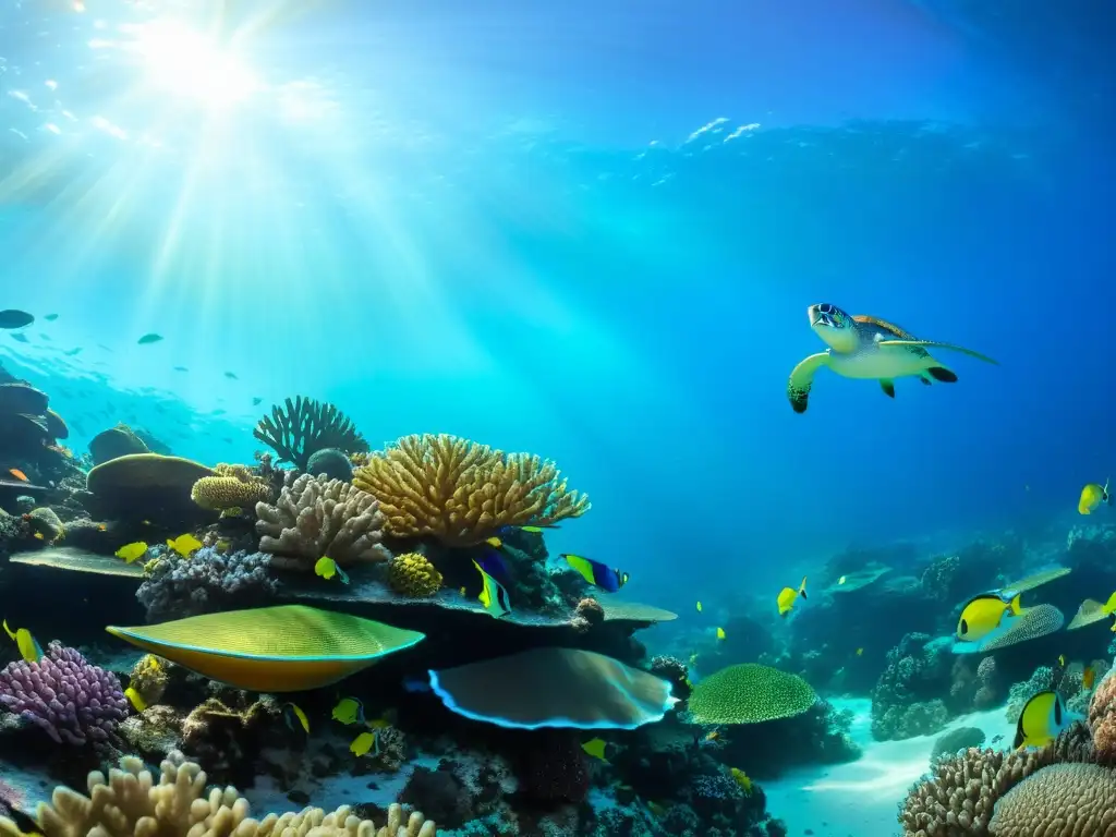 Derecho del Mar y diversidad marina: Arrecife de coral vibrante, vida marina diversa, aguas cristalinas y coloridos corales