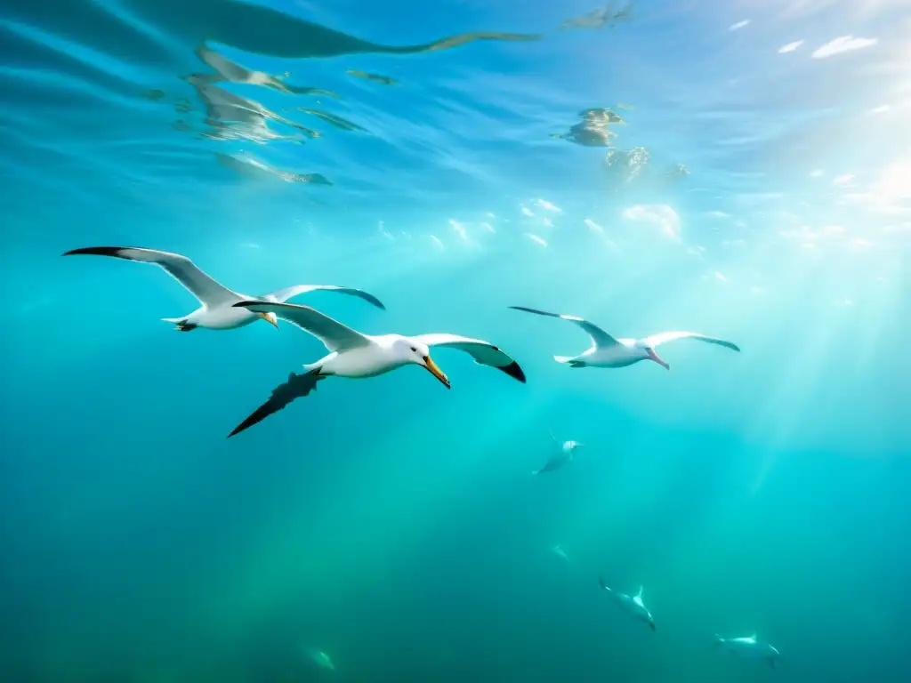 Desafíos reproducción aves marinas: Albatros gráciles surcando aguas turquesa, bajo la luz cálida del mar