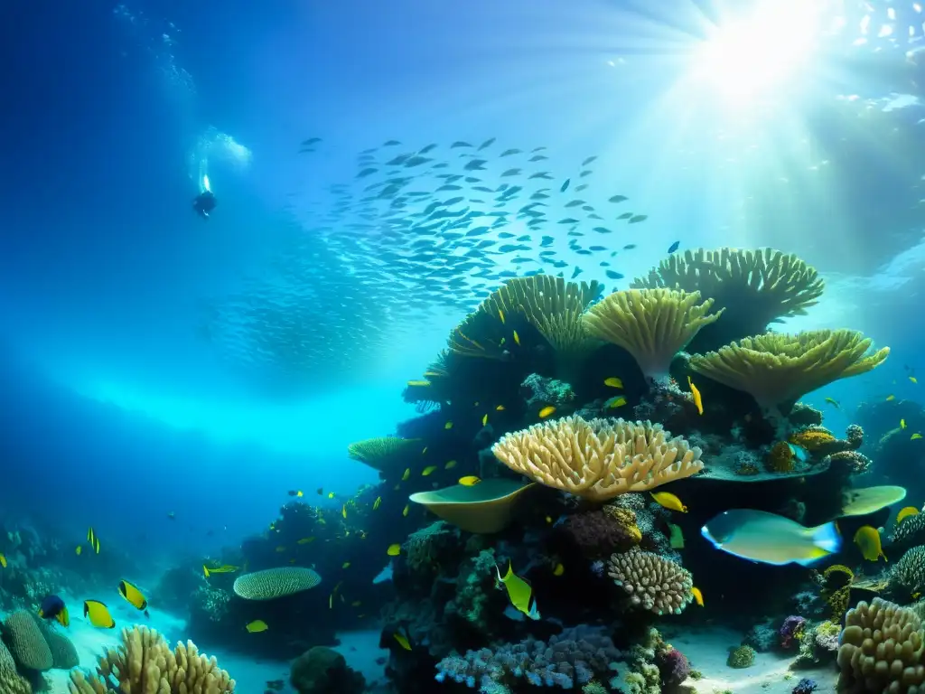 Descubrimiento arrecife coral marino: Fotografía submarina de un arrecife de coral vibrante y diverso, con formaciones coloridas y vida marina en movimiento