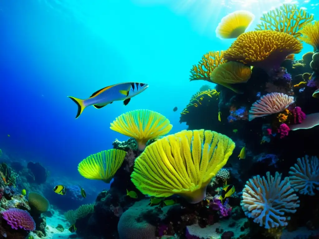 Descubrimiento fármacos marinos: un arrecife de coral vibrante, lleno de vida y color, con peces y una diversidad de vida marina