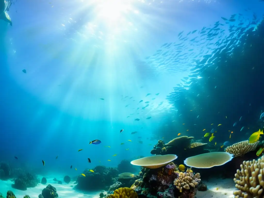 Descubrimiento de fármacos marinos: vibrante arrecife de coral con peces de colores, texturas y luz filtrada en el agua