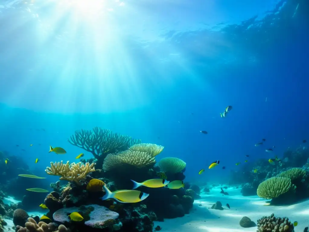 Descubrimiento fármacos marinos: Vibrante arrecife de coral con vida marina colorida y plantas marinas ondeantes bajo el agua iluminada por el sol