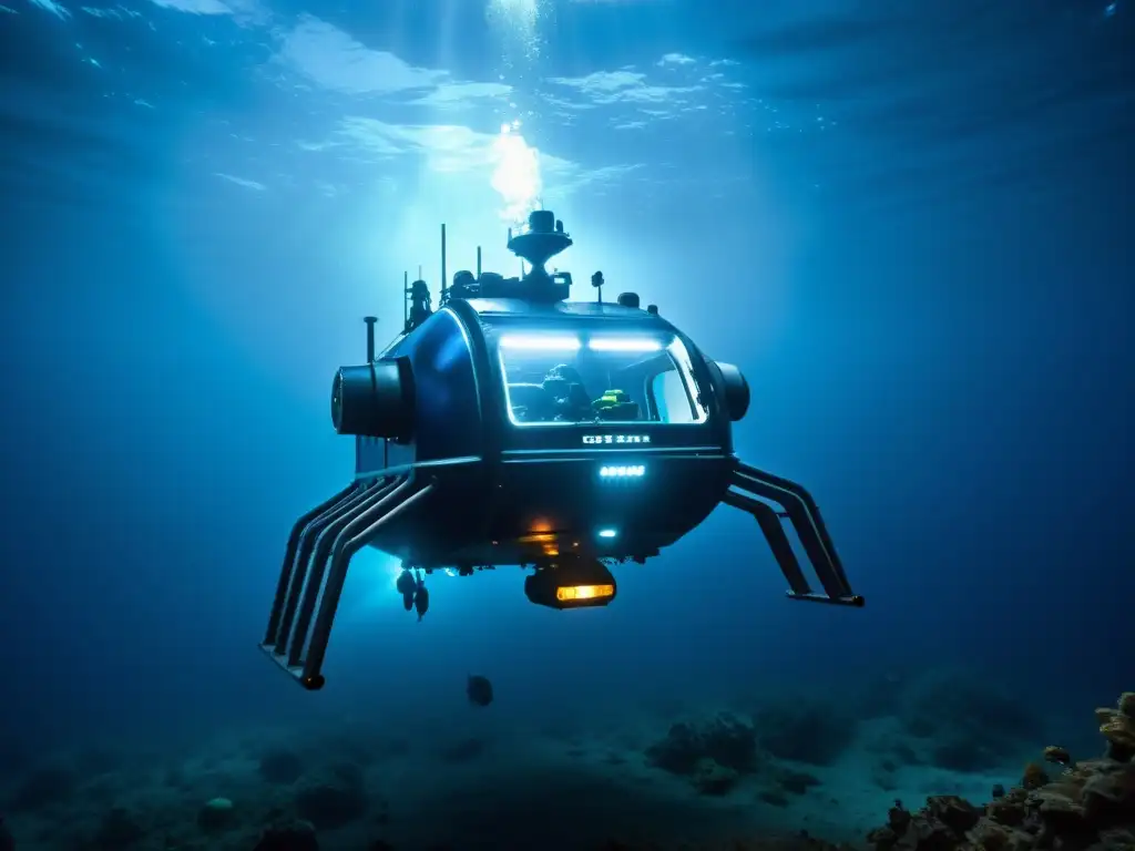 Descubrimiento de nuevas especies marinas en las profundidades del océano: una escena alienígena iluminada por luces LED en tonos índigo
