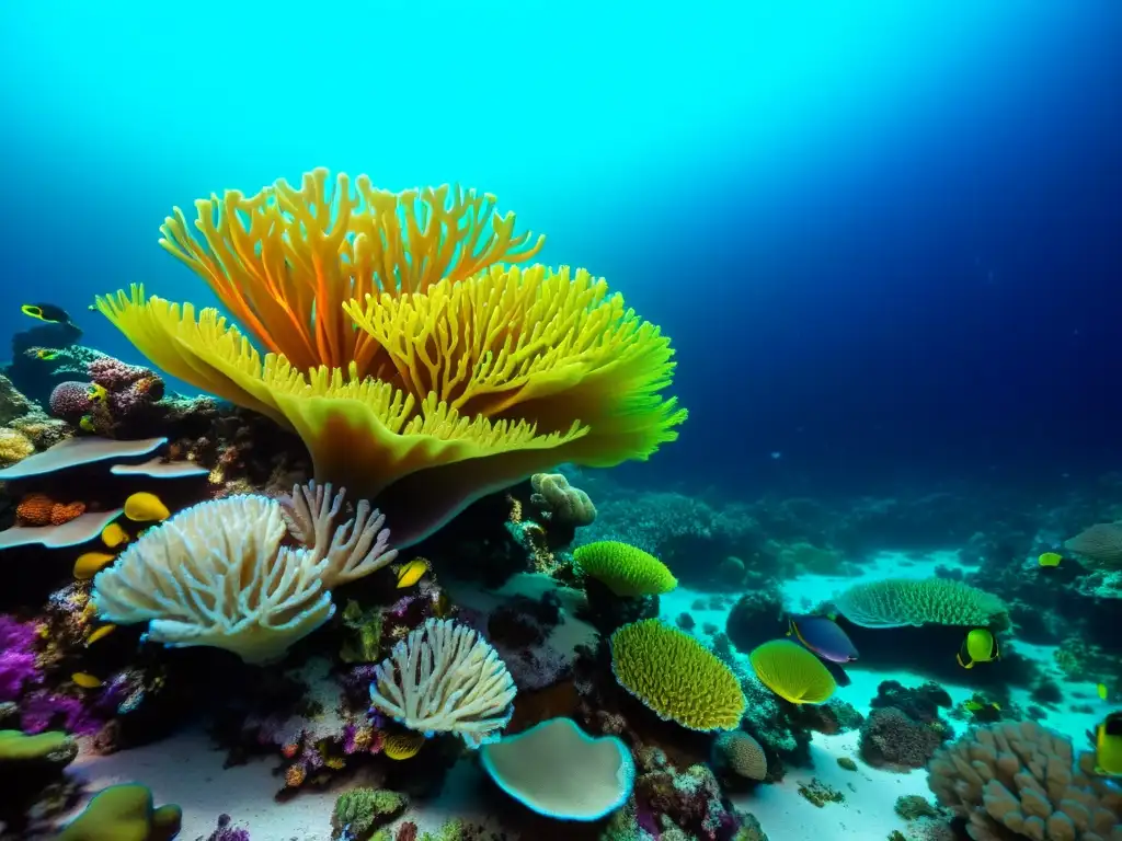 Descubrimiento de un vibrante arrecife de coral marino, con coloridas formaciones y diversa vida marina en un mundo submarino iluminado