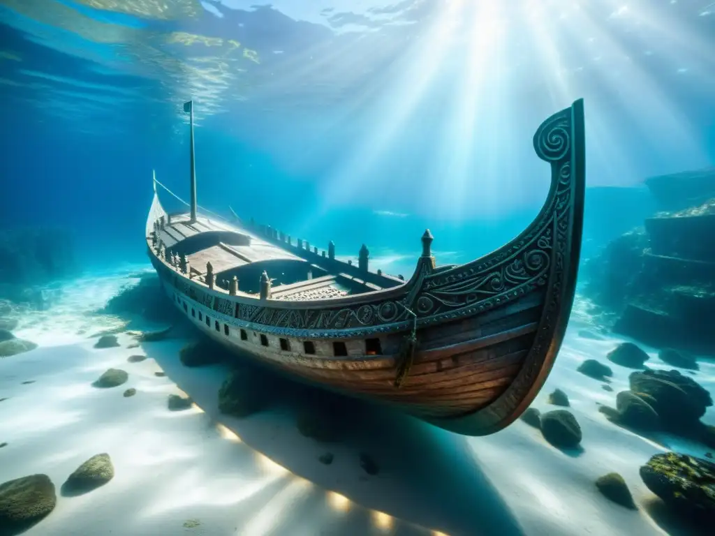 Descubrimientos arqueología nórdica submarina: Fotografía submarina de un Vikingo bien conservado rodeado de peces, iluminado por rayos de sol