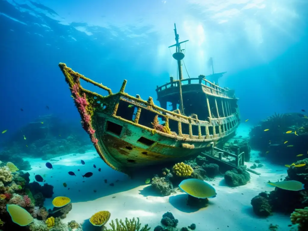 Descubrimientos arqueológicos en profundidades marinas: un antiguo barco hundido cubierto de coral vibrante y vida marina, iluminado por rayos de sol