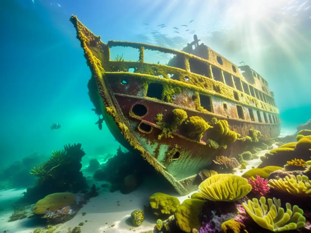 Descubrimientos arqueológicos en las profundidades marinas: antiguo barco hundido rodeado de vida marina y restos centenarios bajo la luz del sol