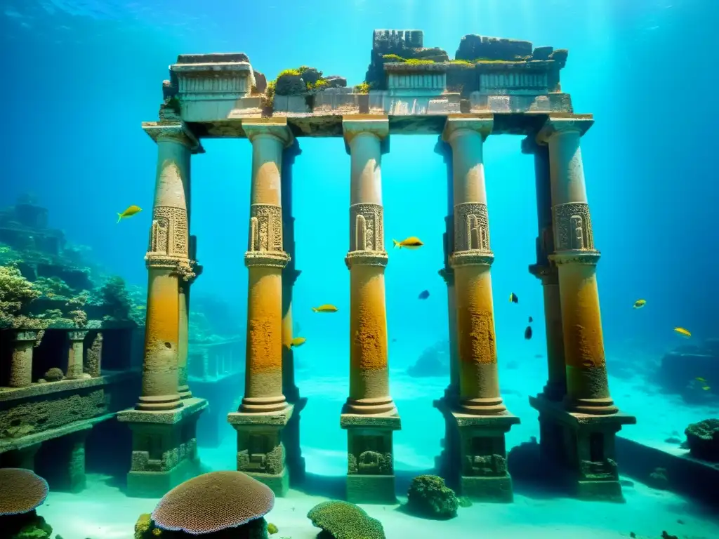 Descubrimientos arqueológicos en las profundidades marinas: ruinas antiguas sumergidas, adornadas con coral y habitadas por peces en un escenario etéreo de misterio y asombro