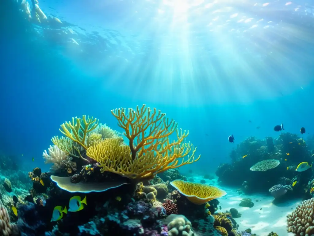 Descubrimientos de fármacos marinos: un arrecife de coral vibrante, con peces coloridos entre corales y algas, bañado por la luz del sol