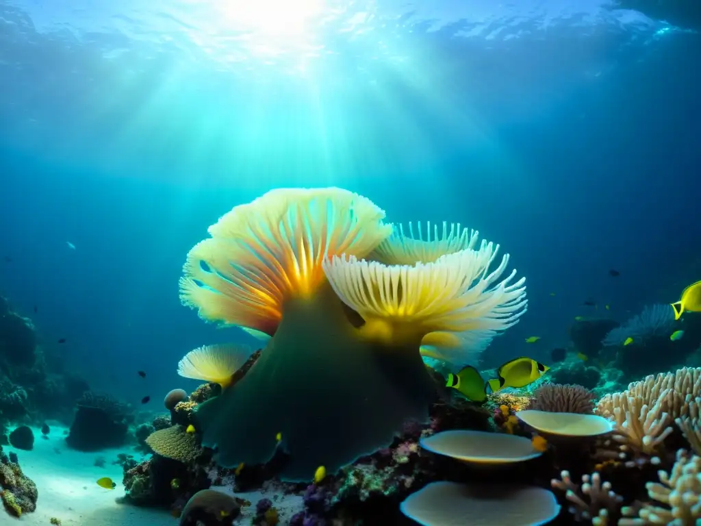 Descubrimientos en zonas abisales: Fotografía asombrosa de un arrecife de coral vibrante en el mar profundo, con vida marina colorida y fascinante