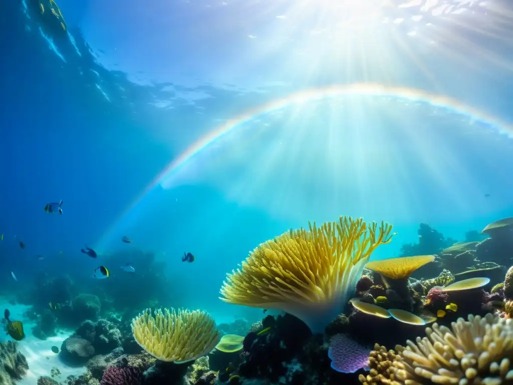 Deslumbrante arrecife de coral, vida marina en aguas azules filtradas por la luz solar