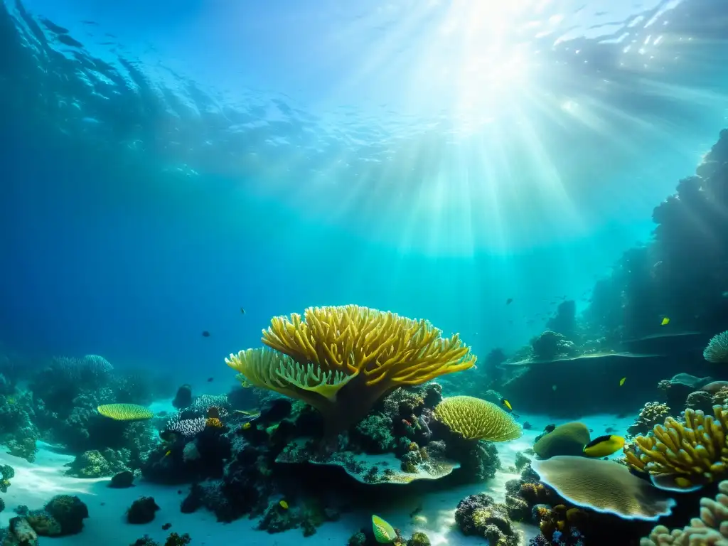 Un deslumbrante arrecife de coral rebosante de vida submarina, resaltando la importancia de los océanos en economía circular