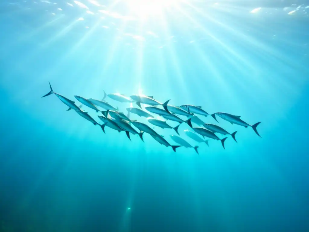 Un deslumbrante cardumen de sardinas plateadas nadando en aguas turquesas cristalinas, mostrando la importancia ecológica de las migraciones marinas