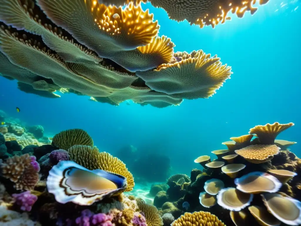 Una deslumbrante escena submarina con ostras y perlas entre arrecifes de coral, bañada por la luz del sol filtrada