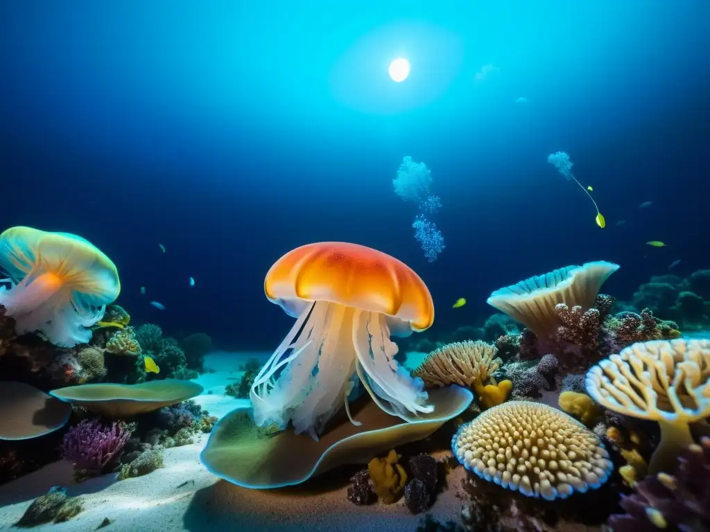 Deslumbrante fotografía nocturna de vida marina en arrecife de coral, con bioluminiscencia de corales, medusas y plancton