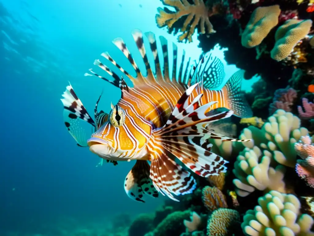 Un deslumbrante paisaje submarino con peces foráneos invasores, destacando la presencia elegante y amenazante de los leones marinos