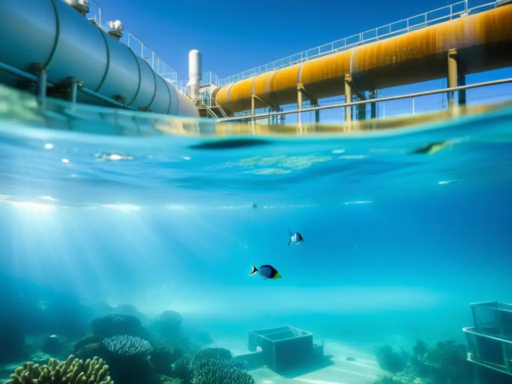 Un deslumbrante paisaje submarino muestra una planta de desalinización rodeada de vida marina y bañada por la luz del sol