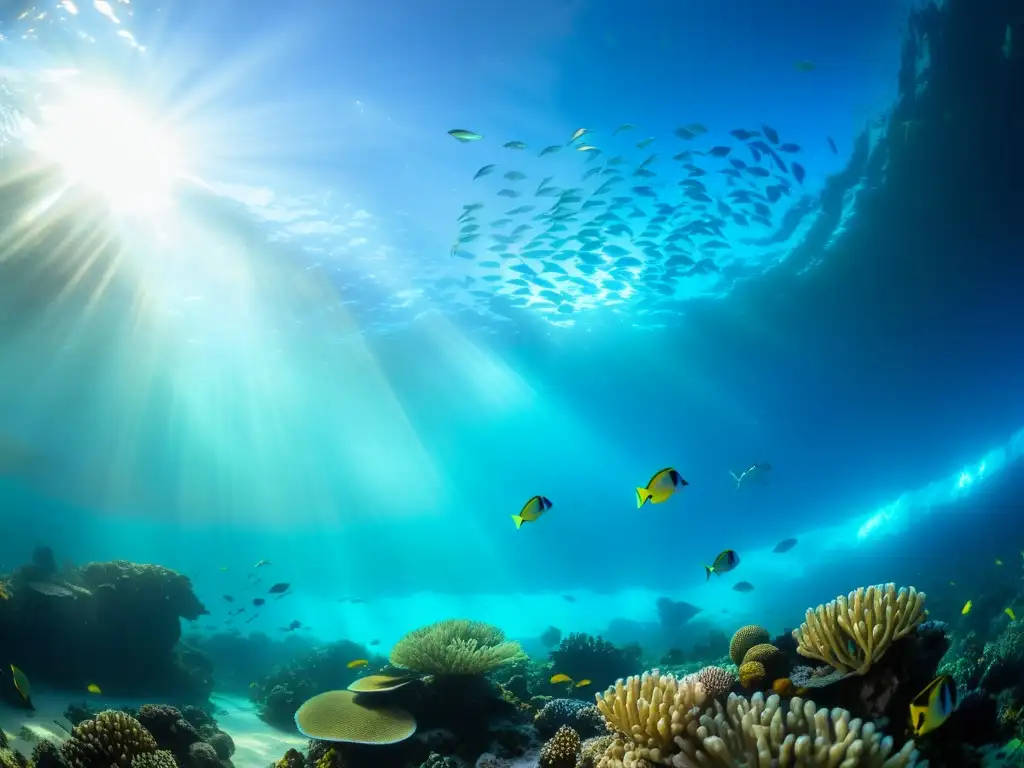 Una deslumbrante fotografía submarina que muestra un vibrante arrecife de coral repleto de peces coloridos y vida marina