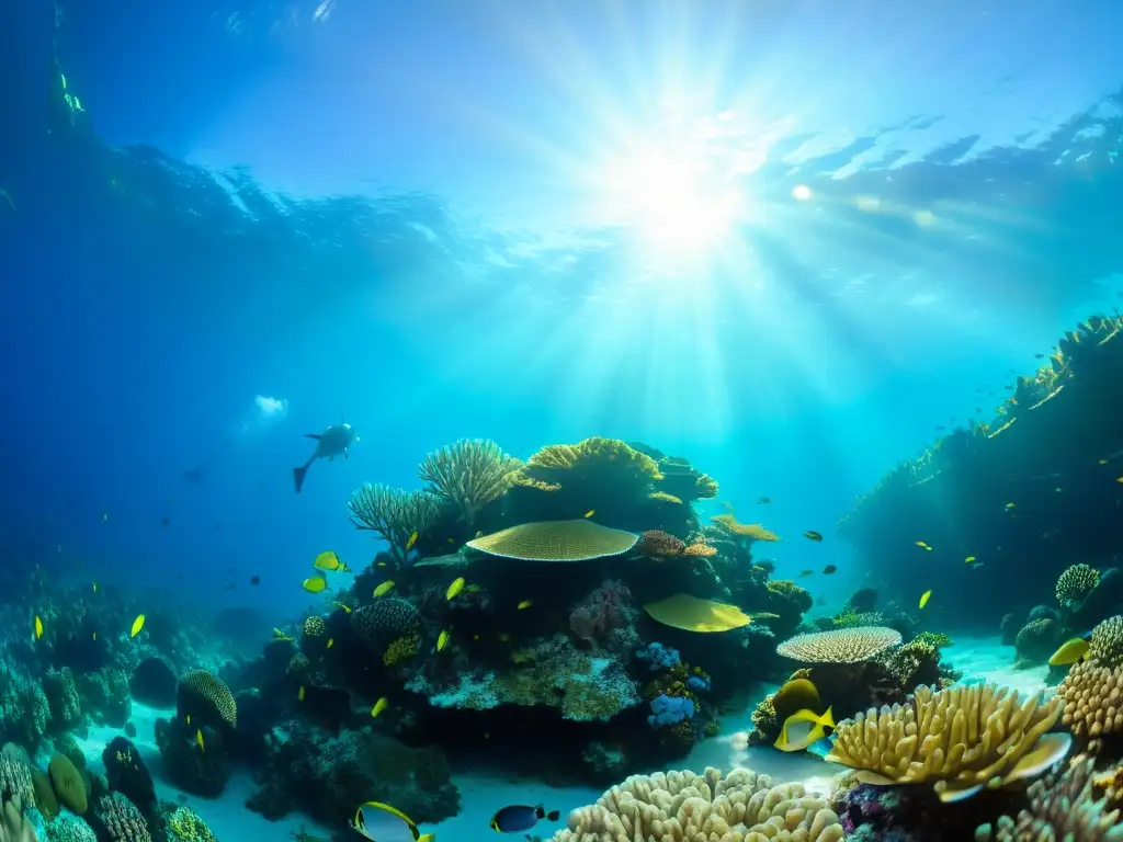 Arrecife de coral vibrante: vida marina en su máximo esplendor Destinos de alta gastronomía marina: un vibrante arrecife de coral repleto de vida marina, donde la luz del sol ilumina la biodiversidad submarina