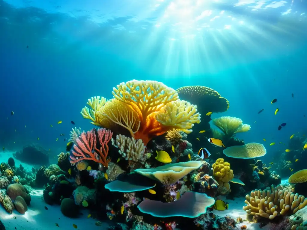 Una fotografía detallada de un vibrante arrecife de coral, hogar de microorganismos marinos