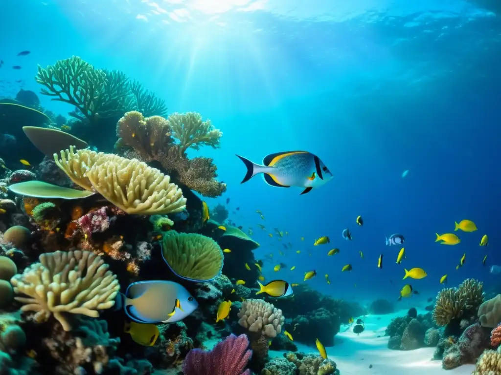 Fotografía detallada de vida marina en un vibrante arrecife de coral, con peces coloridos y plantas marinas, bañado por la luz en el agua clara y azul