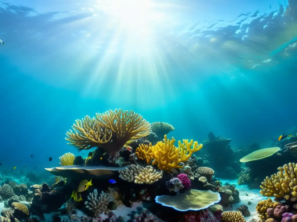 Un detallado acuario en 3D muestra un arrecife de coral vibrante con peces nadando entre corales coloridos