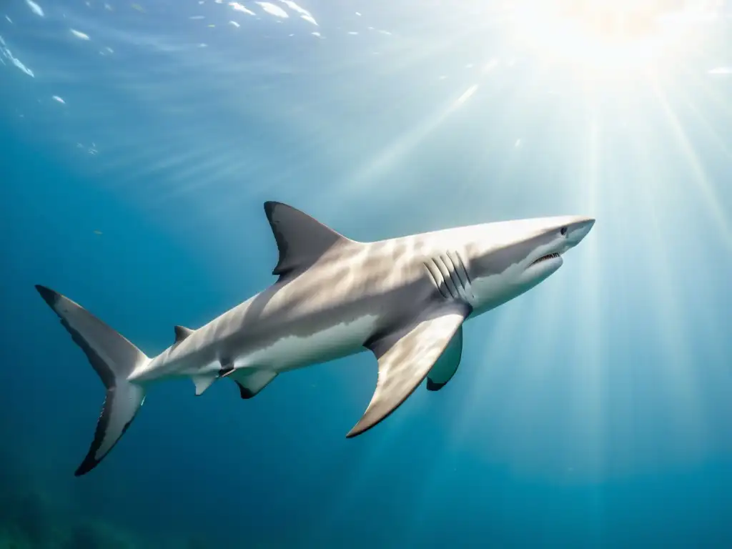 Detalle de la anatomía de la aleta dorsal de un tiburón bajo el agua, con la luz solar iluminando su textura moteada