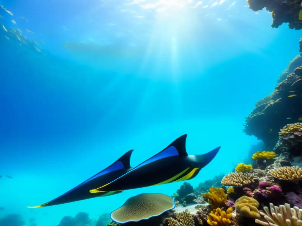 Detalle de las aletas de buceo SplitFin en arrecife de coral, rodeadas de peces tropicales