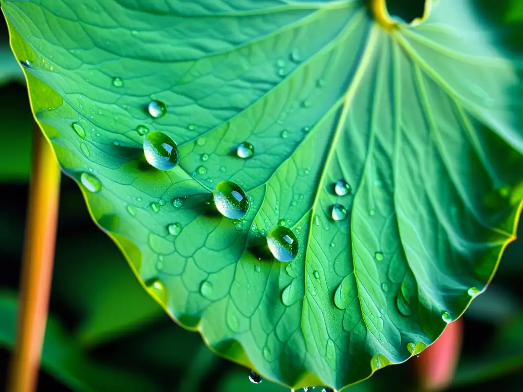 Detalle fascinante de una hoja de loto con gotas de agua, demostrando las propiedades hidrofóbicas