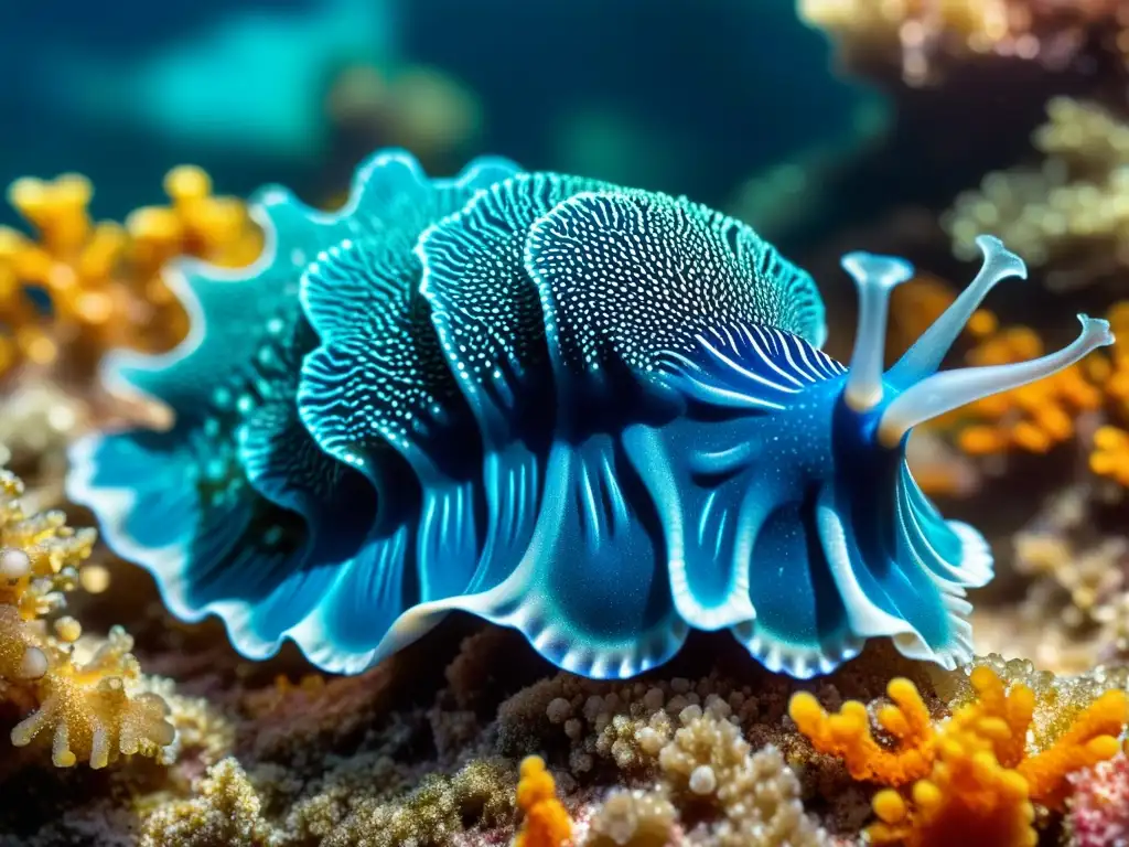 Detalle de una hermosa babosa marina azul nadando entre coral y algas en el océano, perfecta para la identificación especies invertebrados marinos