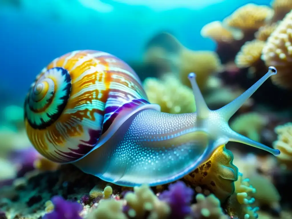 Detalle impresionante: caracol marino con su concha iridiscente, sobre un arrecife de coral