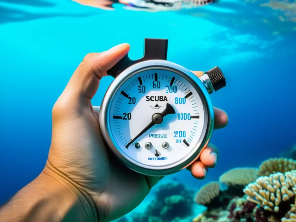 Detalle de manómetro para buceo de alta calidad sostenido por la mano de un buceador, con un fondo de arrecife de coral vibrante y agua cristalina