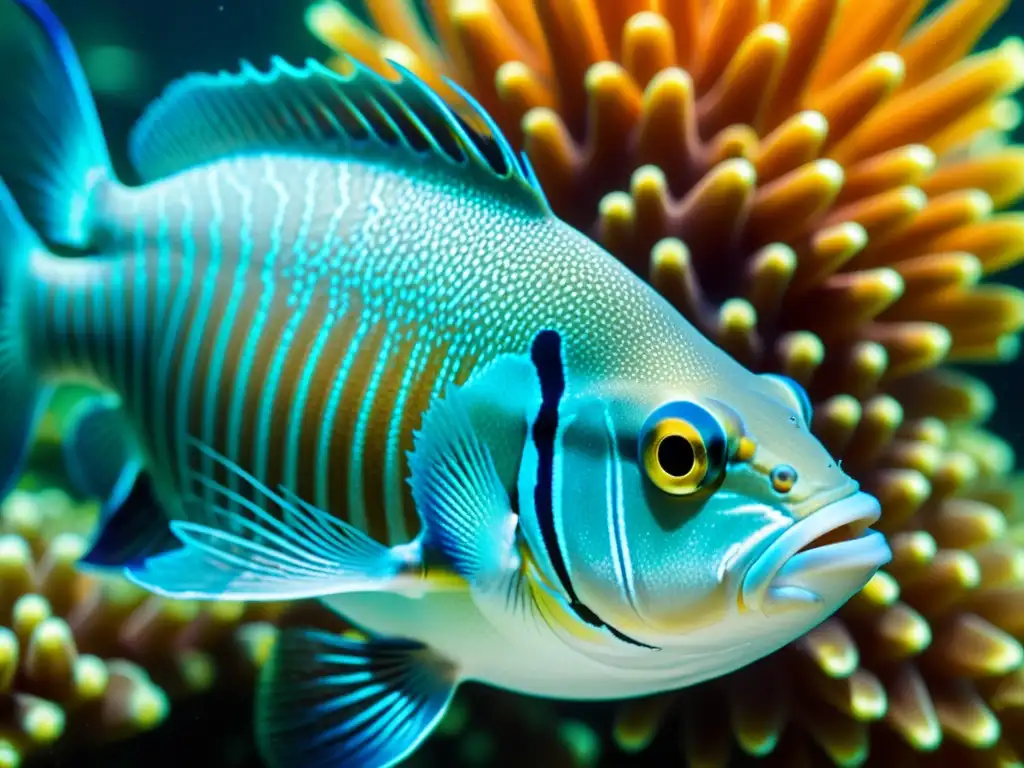 Detalle de los mecanismos de osmorregulación en peces en un vibrante arrecife de coral con luz filtrada y vida marina