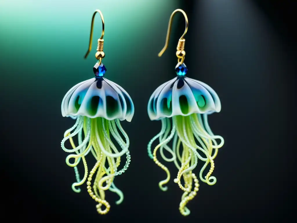 Pendientes de medusas brillantes: belleza del océano en 8k Detalle de pendientes inspirados en vida marina, con diseño de medusas en azul y verde, capturando la esencia de la bioluminiscencia