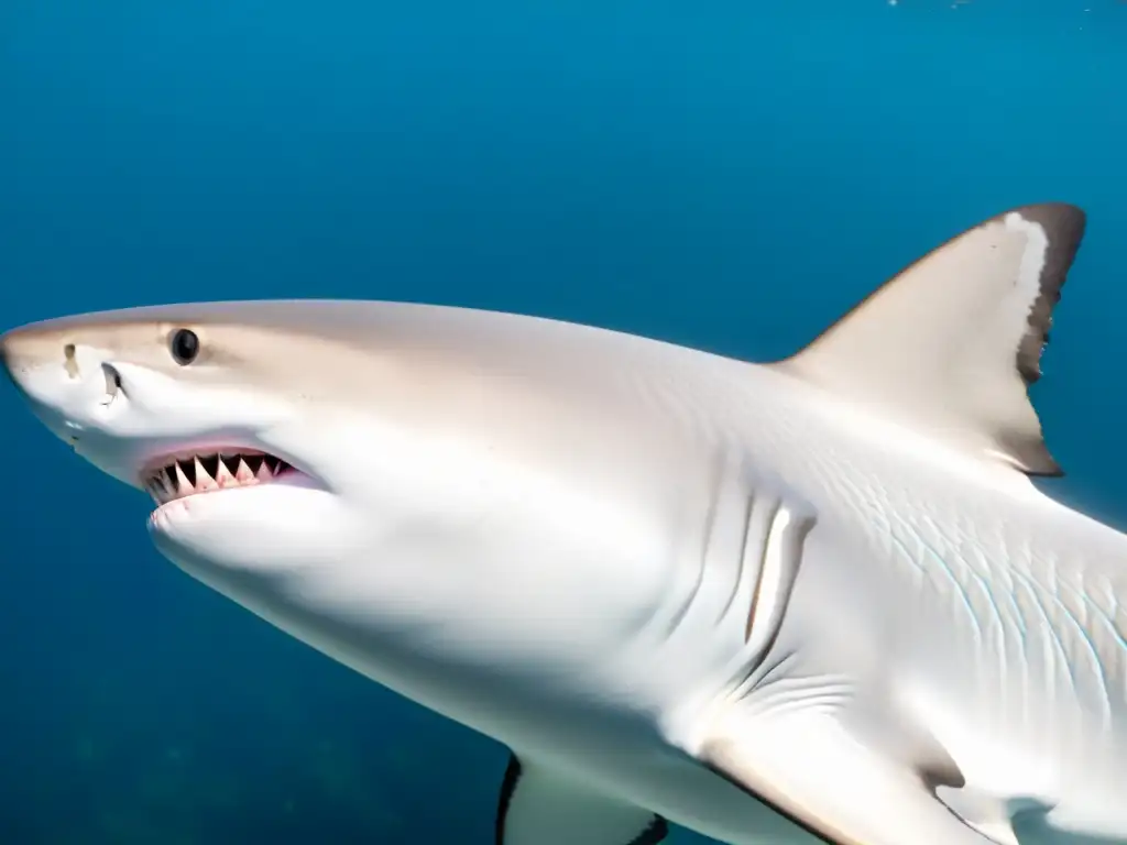 Detalle de la piel plateada de un tiburón bajo el agua, con marcadas marcas en la piel de tiburones iluminadas por la luz