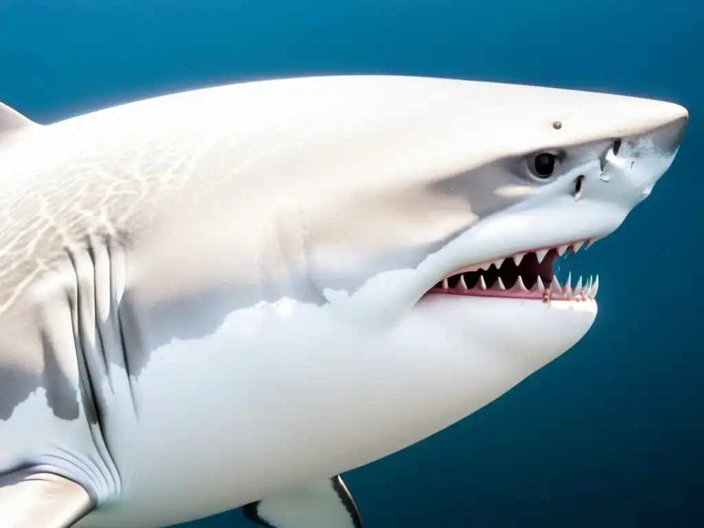 Detalle de la piel de un tiburón blanco, resaltando la sensibilidad táctil de los tiburones y su impresionante adaptación