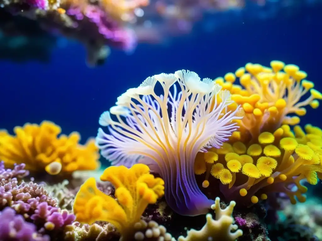 Detalle vibrante de un arrecife de coral, con nudibranquio y anémona de mar