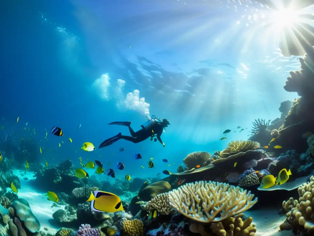 Detalle vibrante de un arrecife de coral lleno de vida con peces tropicales y una hermosa cartografía submarina en las profundidades inexploradas