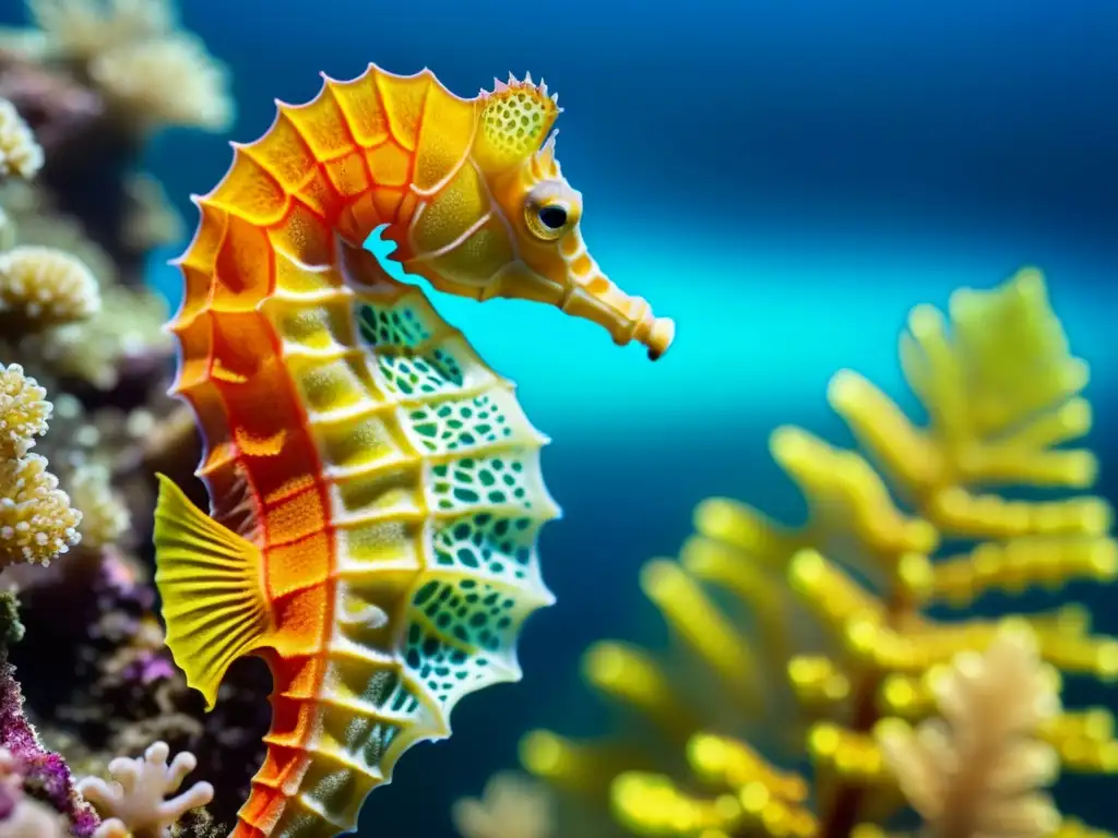 Detalle vibrante de un caballito de mar aferrándose a un coral, realzando su belleza única