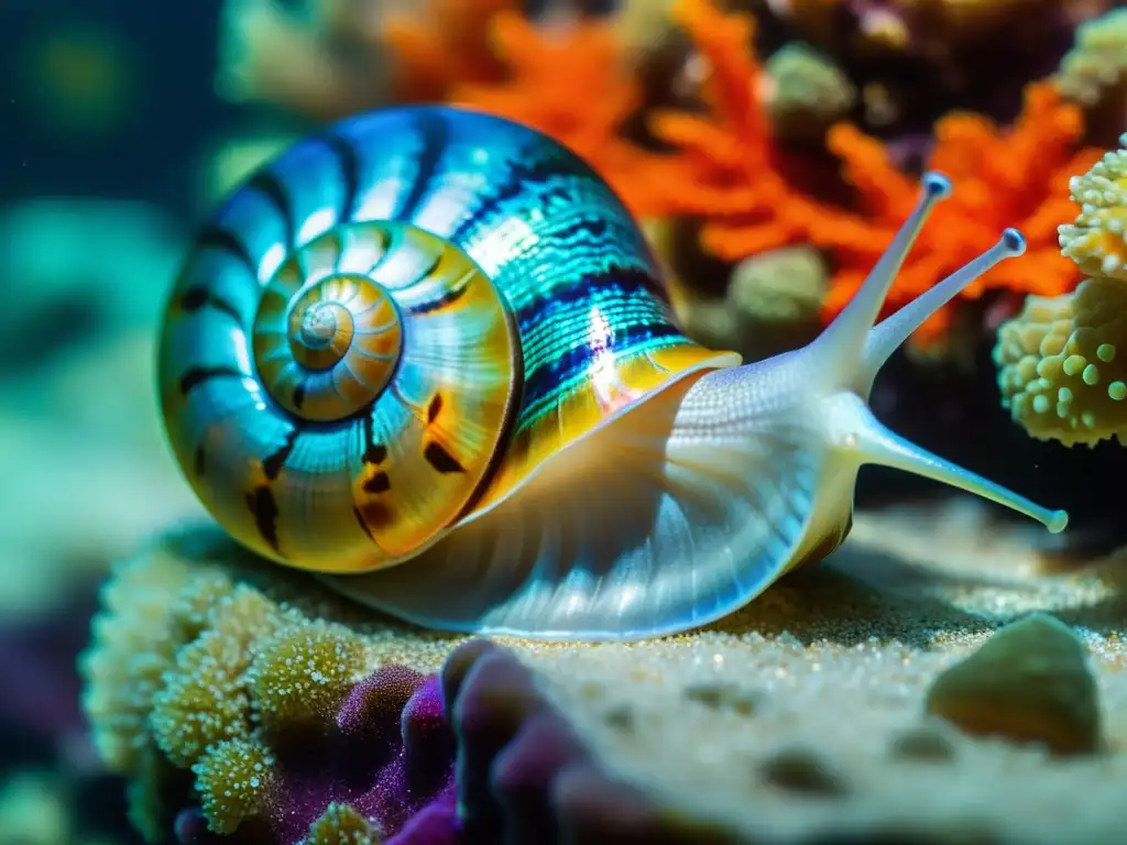 Detalle vibrante de caracol marino entre coral iridiscente, evocando asombro y beneficios del extracto de caracol para regeneración cutánea