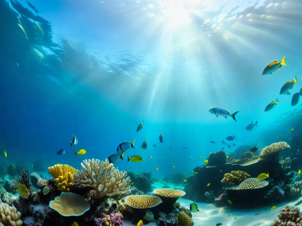 Detección temprana de contaminantes en el océano: un vibrante arrecife de coral con peces coloridos entre la luz del sol y patrones en el fondo marino