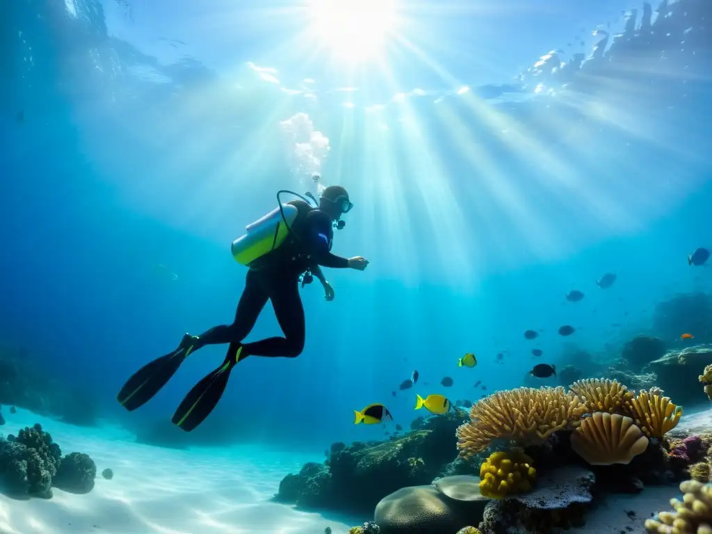 Diferencias buceo piscina mar abierto: Un buceador transita de piscina a océano, rodeado de vida marina, en un emocionante contraste