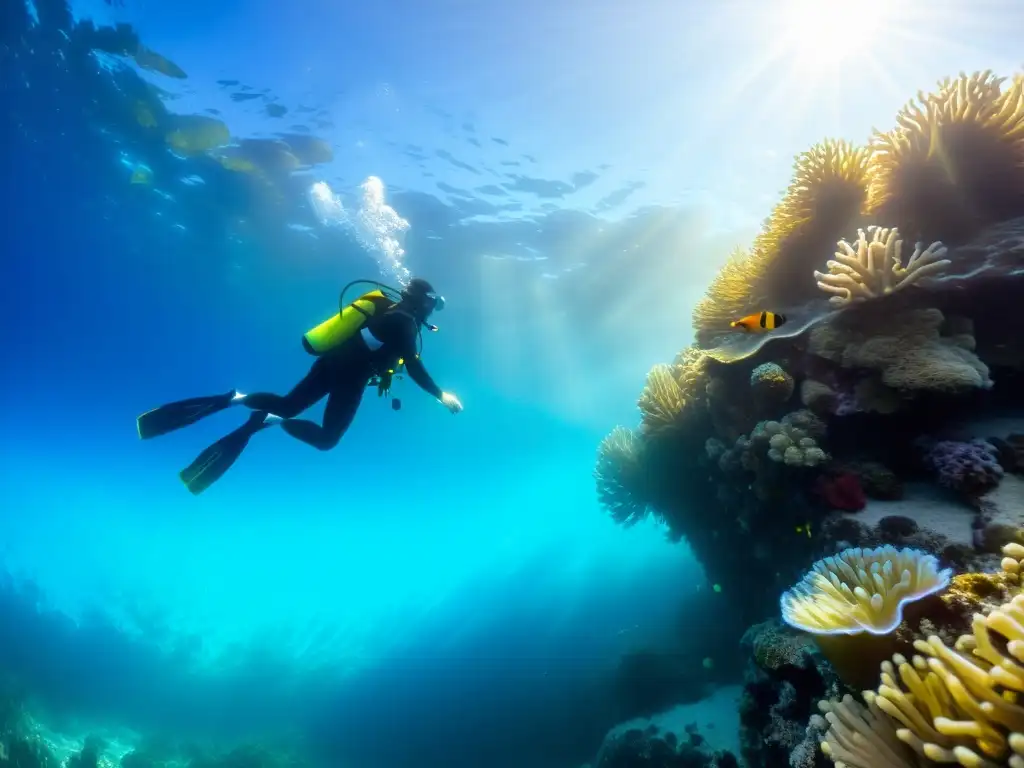 Diferencias buceo piscina mar abierto: Buzo explora arrecife de coral, rodeado de peces coloridos en piscina cristalina