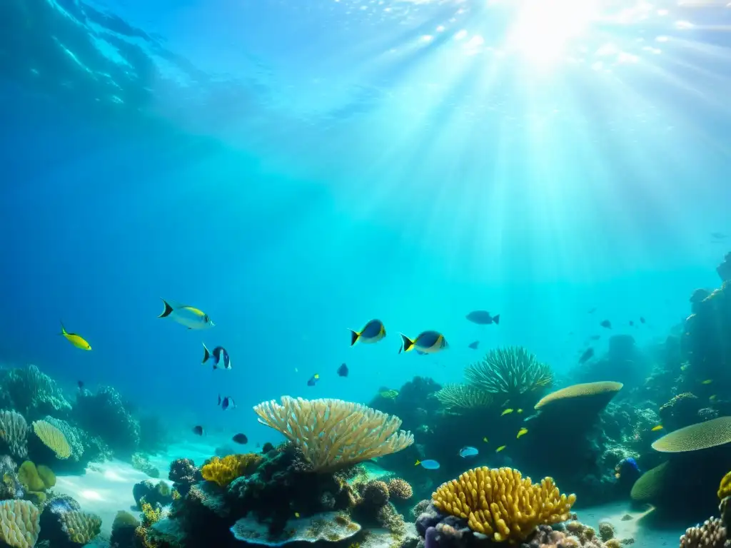 Diseñadores de joyas exploran mundo marino: vida vibrante en arrecife de coral, peces coloridos y formaciones coralinas bajo el agua turquesa