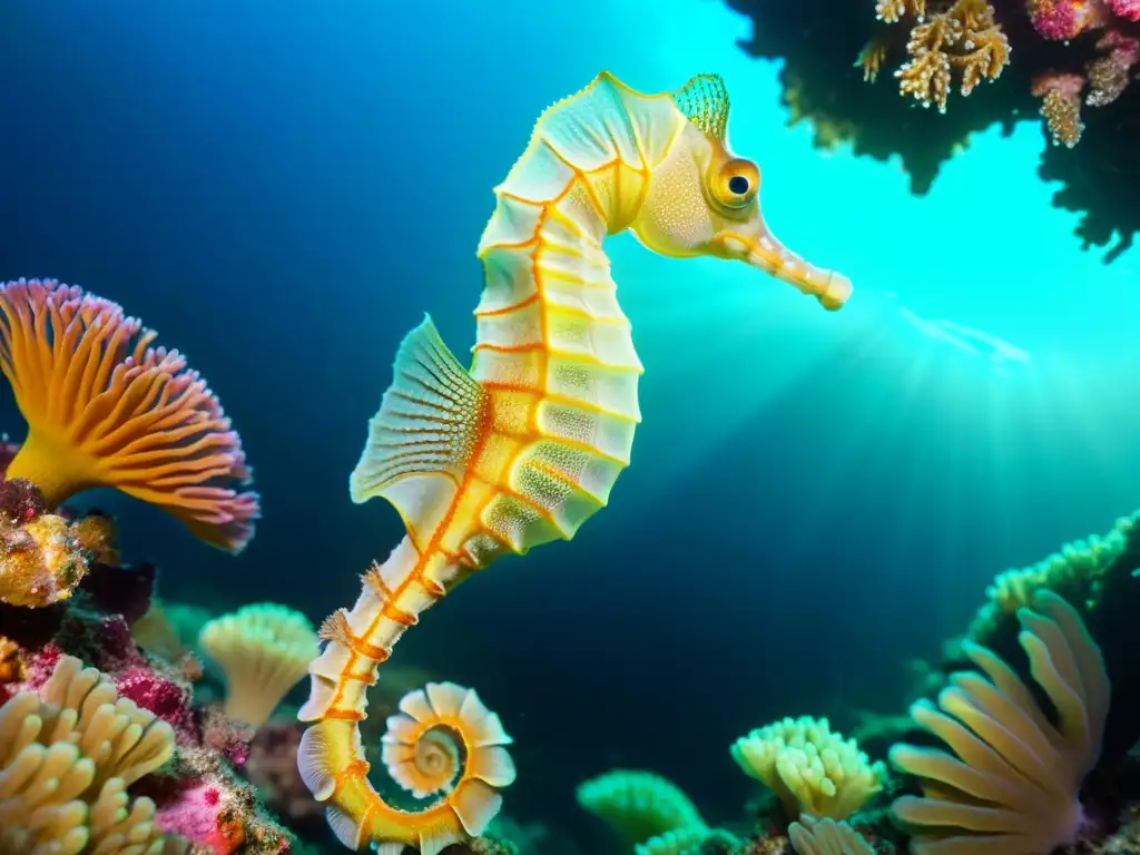 Diseñadores de joyas exploran mundo marino: Hermoso caballito de mar iridiscente entre coral y anémonas bajo el agua