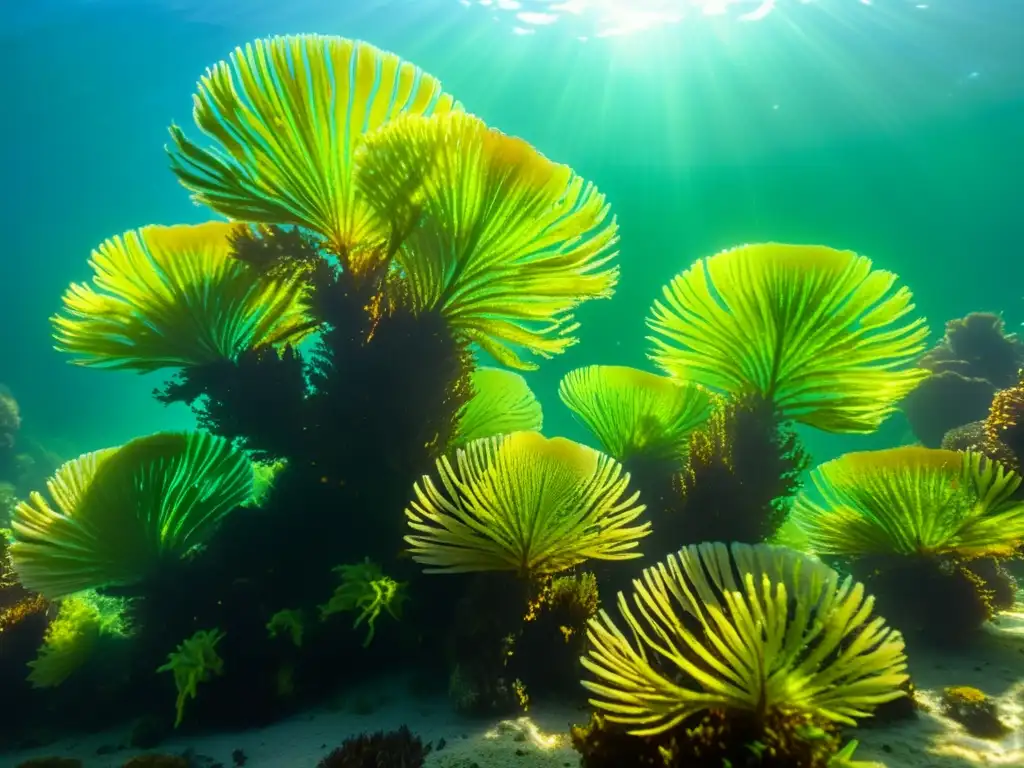 Diseños de joyería con algas marinas: Un cautivador paisaje submarino con algas verdes y doradas ondeando suavemente en aguas claras y soleadas, con pequeñas criaturas marinas añadiendo movimiento a la escena tranquila