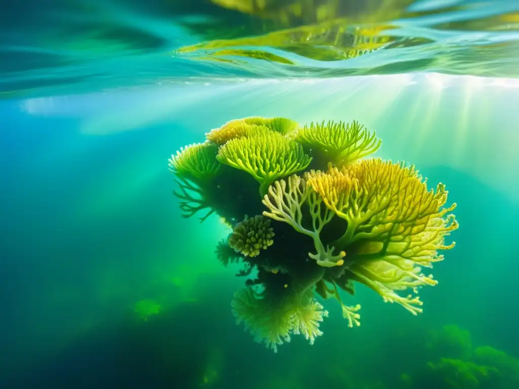 Diseños de joyería con algas marinas: Algas marinas vibrantes y texturas cautivadoras iluminadas por la luz del sol bajo el agua