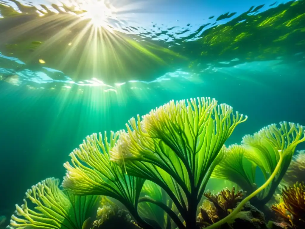 Diseños de joyería con algas marinas: detalle vibrante de algas marinas coloridas bajo el agua, iluminadas por el sol y con burbujas de aire, creando un paisaje hipnótico